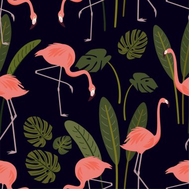 Egzotik flamingo kuşları ve tropikal yapraklarla yaz şablonu. Vektör kusursuz dokusu.