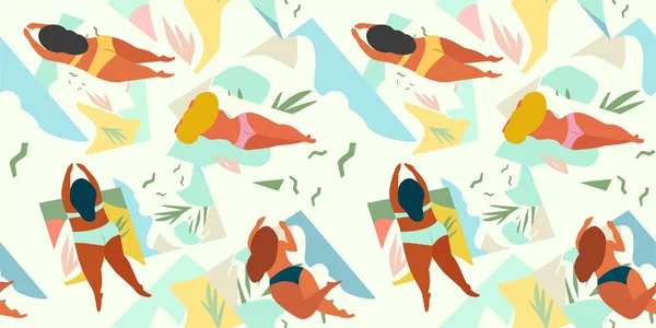 Tropical abstract pattern with girls sunbathing on a beach. Body positive. Vector seamless texture.