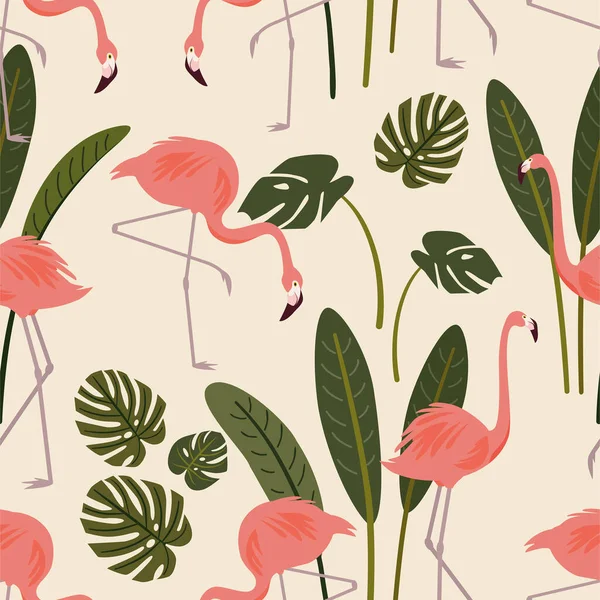 Sommarmönster Med Exotiska Flamingo Fåglar Och Tropiska Blad Vektor Sömlös Royaltyfria Stockvektorer