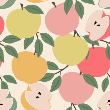 Elma deseni. Vektör pürüzsüz doku. Kağıt, kapak, kumaş, iç dekorasyon ve diğer kullanımlar için modern soyut tasarım.