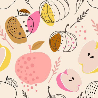 Şekillendirilmiş elmalar ve balkabaklarıyla soyut, dikişsiz desen. Kağıt, kapak, kumaş, ev dekorasyonu ve diğer amaçlar için modern soyut tasarım.