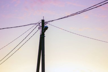 Gün batımının arka planında elektrik hatları ve kablolar