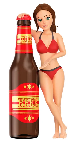 Young People Illustration Woman Bikini Huge Bottle Beer Isolated White — Stock Photo, Image