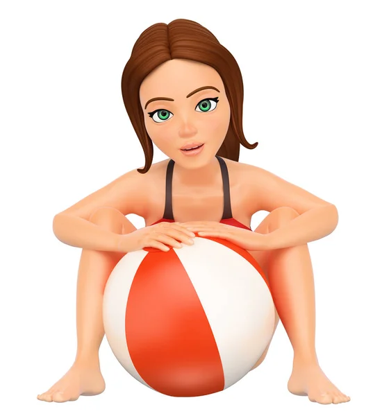 Young People Illustration Woman Bikini Sitting Beach Ball Isolated White — Stock Photo, Image