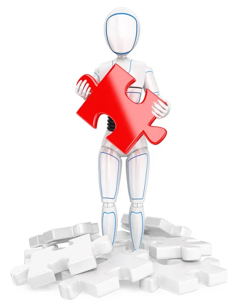 Futuristic Android Illustration Humanoid Robot Red Puzzle Piece Find Solution — Stock Photo, Image