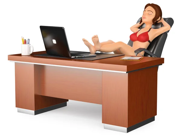 3d business people illustration. Woman in bikini sitting and relaxed in his office. Isolated white background.