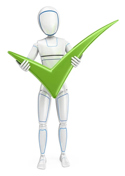 Futuristické Android Ilustrace Humanoidní Robot Stojící Velkým Zeleným Zaškrtnutím Izolované — Stock fotografie