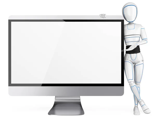 Futurystyczny Ilustracja Android Opierając Się Dużym Ekranie Puste Humanoidalnego Robota — Zdjęcie stockowe