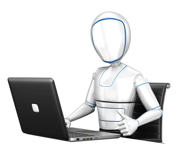 Futurystyczny Ilustracja Android Praca Laptopa Kciuk Humanoidalnego Robota Białym Tle — Zdjęcie stockowe