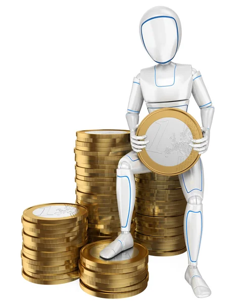 Futuristické Android Ilustrace Humanoidní Robot Sedí Hromadě Mincí Eura Izolované — Stock fotografie