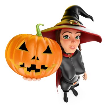 3D Cadılar Bayramı insanlar illüstrasyon. Büyük bir kabak ile cadı. İzole beyaz arka plan.