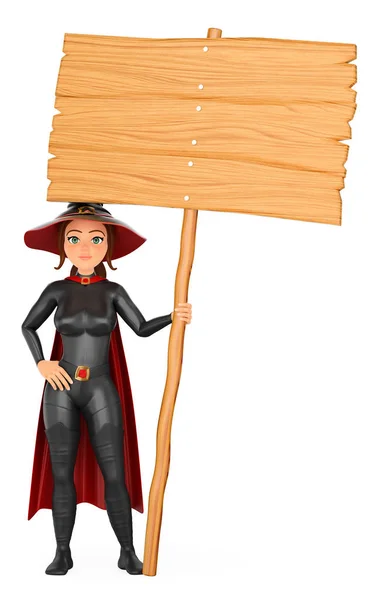 3d halloween people illustration. Witch with a blank wooden poster. Isolated white background.