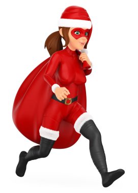 3D christmas insanlar illüstrasyon. Hediyeler bir çuval ile çalışan kadın süper kahraman. İzole beyaz arka plan.