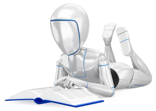 Futurystyczny Ilustracja Android Człekokształtny Robot Leżącego Czytając Książkę Białym Tle — Zdjęcie stockowe
