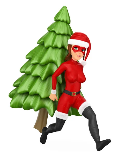 クリスマス人々 イラスト 女性のスーパー ヒーローの背中にモミの木を搭載します 孤立した白い背景 — ストック写真