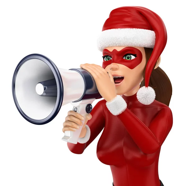 Christmas People Illustration Woman Superhero Talking Megaphone Isolated White Background — Stock Photo, Image