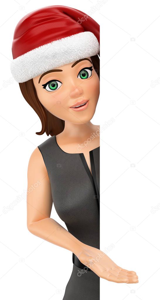 3d christmas people illustration. Business woman with santa hat pointing aside. Blank. Isolated white background.