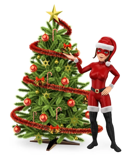 Illustratie Van Jongeren Vrouw Superheld Met Een Kerstboom Geïsoleerde Witte — Stockfoto