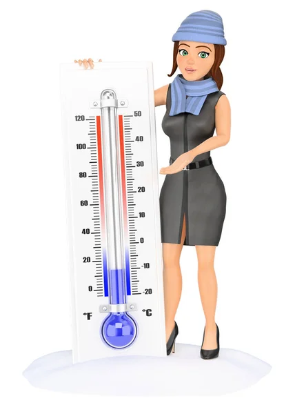 Бизнес Людей Иллюстрации Деловая Женщина Холодным Термометром Снегу Изолированный Белый — стоковое фото