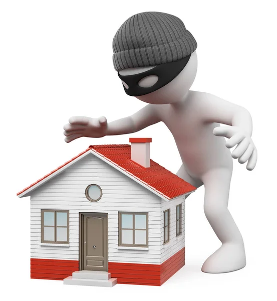 3D λευκοί άνθρωποι. Κλέφτης που καταδιώκει ένα σπίτι για να κλέψει — Φωτογραφία Αρχείου