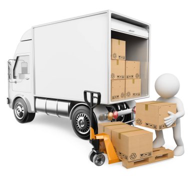 3d beyaz insanlar. İşçi bir kamyondan kutuları boşaltma