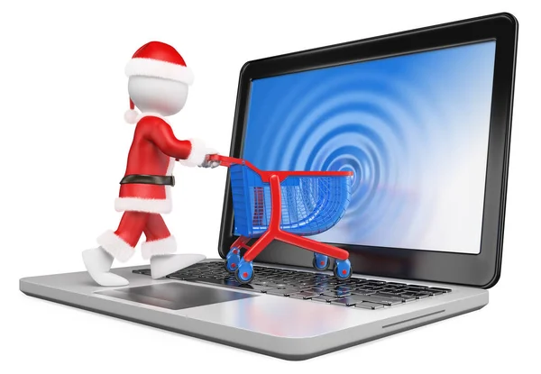 3D белые люди. Санта Клаус входит в экран ноутбука. Ec — стоковое фото