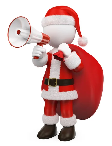 Gente blanca en 3D. Santa Claus hablando en un megáfono blanco y rojo —  Fotos de Stock