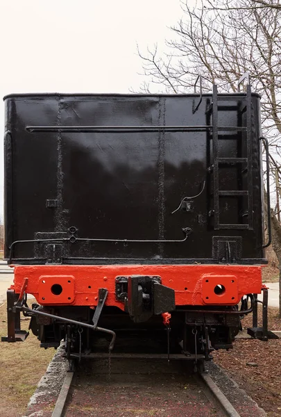 Üres Pályázat Régi Klasszikus Fekete Steam Locomotive Hátsó Nézet — Stock Fotó