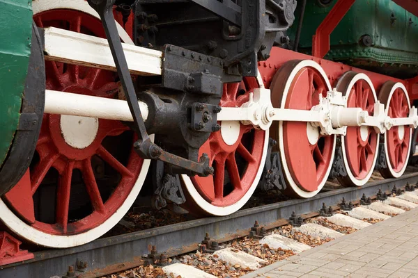 Vörös Fehér Kerekei Régi Steam Locomotive Zár Megjelöl Kilátás — Stock Fotó