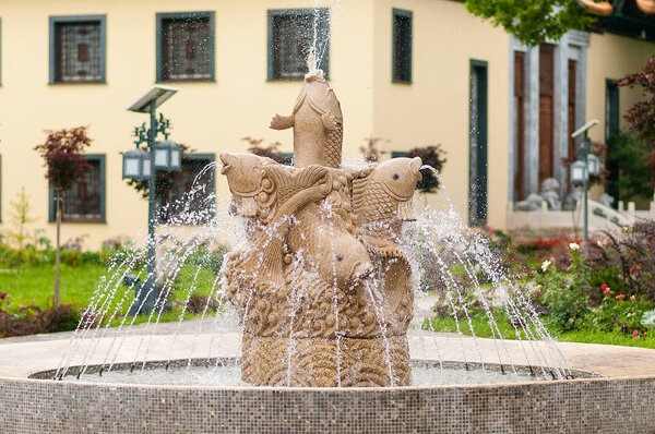 beautiful stone fountain of fishes in traditional chinese park