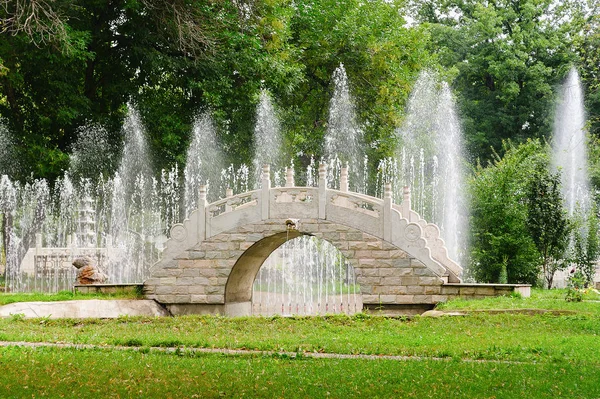 Beau Pont Pierre Dans Parc Chinois Traditionnel Sur Fond Fontaines Photo De Stock