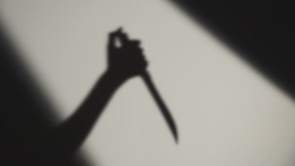 Hand van de moordenaar die het slachtoffer neersteekt met een mes. Plaats delict. Donkere schaduw op de witte achtergrond — Stockvideo