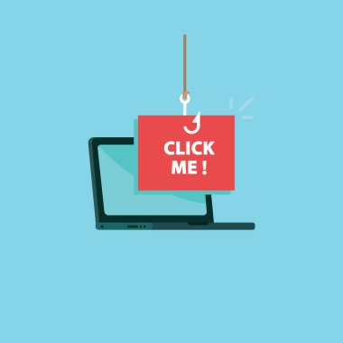 Clickbait. Balıkçılık kanca ile dizüstü bilgisayar iletiyi tıklatın