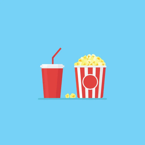 Rancangan Rata Popcorn Dalam Ember Bergaris Dan Minuman Dingin Stok Vektor