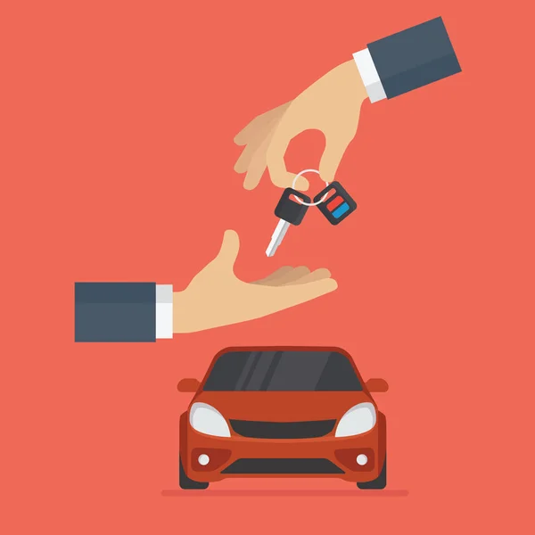 Auto Dealer Dává Klíč Auta Kupujícího Pronájem Nákup Auto Koncept — Stockový vektor