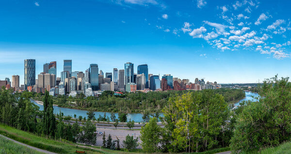 Skyline of the city Calgary, Alberta, Canada along the Bow River