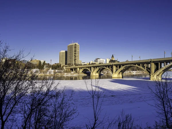 Saskatchewan River Údolí Panorama Saskatoon Chladného Zimního Dne — Stock fotografie