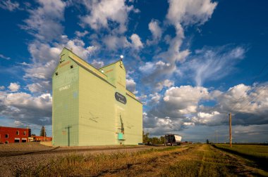 Stavely, Alberta - 17 Temmuz 2020: Stavely, Alberta 'da kalan son tahıl asansörü. Tahıl asansörleri bir zamanlar bozkırları kaplamıştı ama çoğu ya yıkıldı ya da yangında öldü..