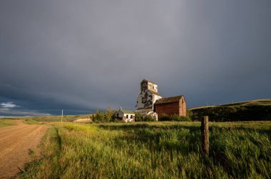 Çorak Topraklar 'da terk edilmiş eski tahıl asansörü Sharples, Alberta hayalet kasabasında..