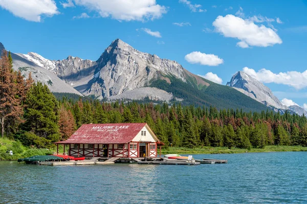 Parque Nacional Jasper Agosto 2020 Casa Barco Famoso Lago Maligne — Fotografia de Stock