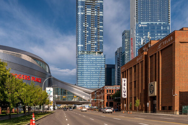 Edmonton, Alberta - August 7, 2020: the Ice District in Edmonton Alberta, including Rogers Place arena.