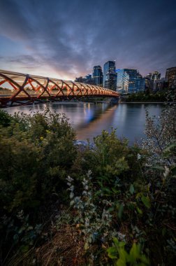 Gün doğumunda Calgary Alberta 'daki Bow Nehri üzerindeki yaya köprüsünün görüntüsü..