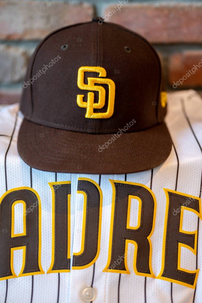 Calgary, Alberta - September 6, 2025: San Diego Padres baseball hat and team jersey.