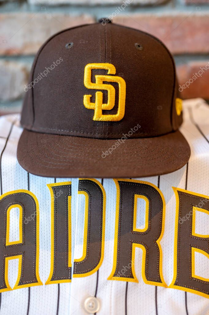 Calgary, Alberta - September 6, 2025: San Diego Padres baseball hat and team jersey.
