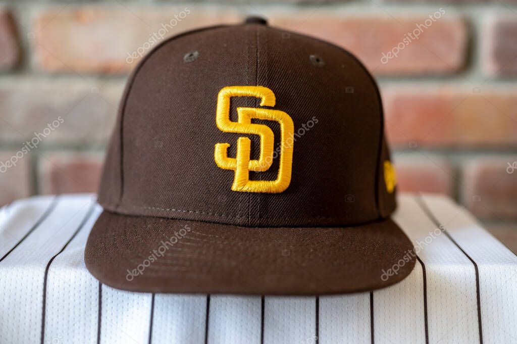 Calgary, Alberta - September 6, 2025: San Diego Padres baseball hat and team jersey.