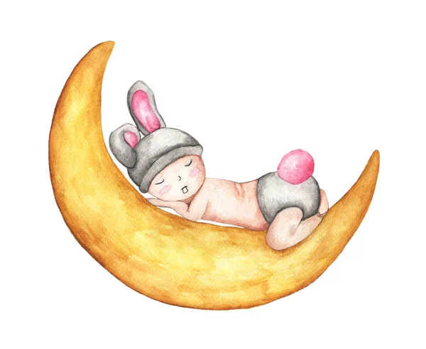 月で眠っているかわいい赤ちゃん 白い背景でかわいいバニー分離を寝ています 描画し ペイントの手 水彩イラスト — ストック写真