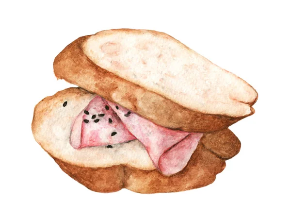 Rebanada Pan Con Jamón Delicioso Sándwich Pintura Acuarela Dibujada Mano —  Fotos de Stock