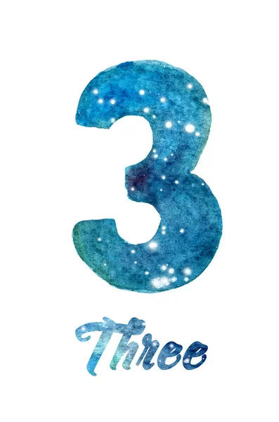 Hand Painted Watercolor Galaxy Night Sky Stars Number Three Font — Stock Photo, Image