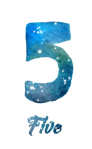 Hand Painted Watercolor Galaxy Night Sky Stars Number Five Font — Stock Photo, Image