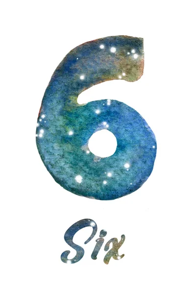 Hand Painted Watercolor Galaxy Night Sky Stars Number Six Font — Stock Photo, Image